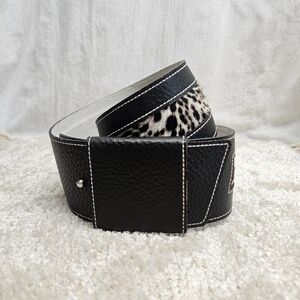 VTG Belt Leopard Animal Print Black Leather France Womens Sz Small 32”. The belt